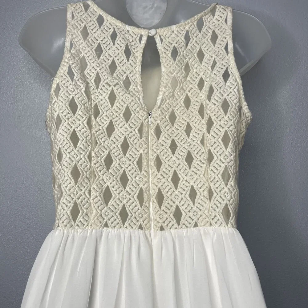 a.drea Sleeveless Ivory Beaded Fit & Flare Mini Dress Sheer Skirt Party Wedding - Picture 6 of 13